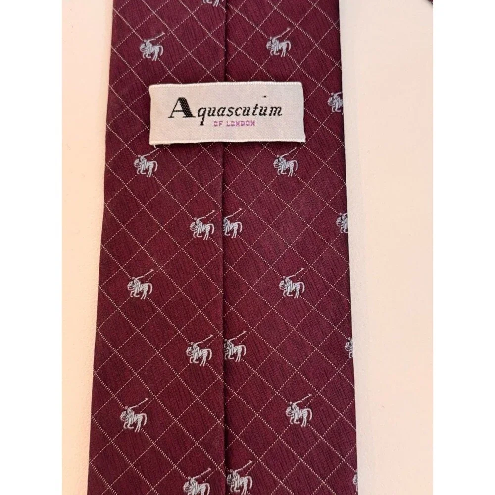 Aquascutum London Vtg 80s 90s 100% Silk Tie Burgundy Equestrian Polo Licensed